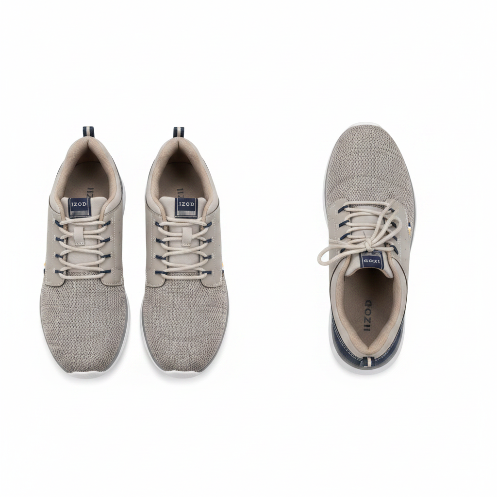 Men's light grey knit lace-up casual sneaker with navy accent ghost mannequin front and side view pair