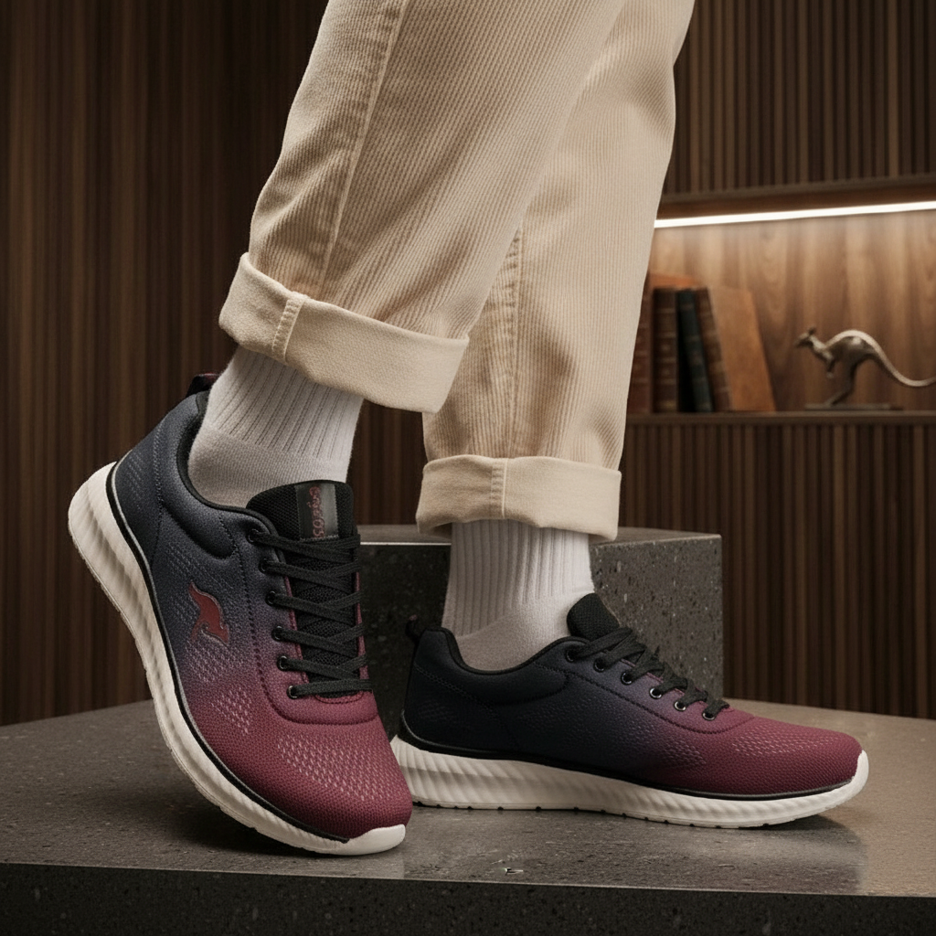 Model wearing navy to burgundy gradient knit lace-up running sneakers leg shot