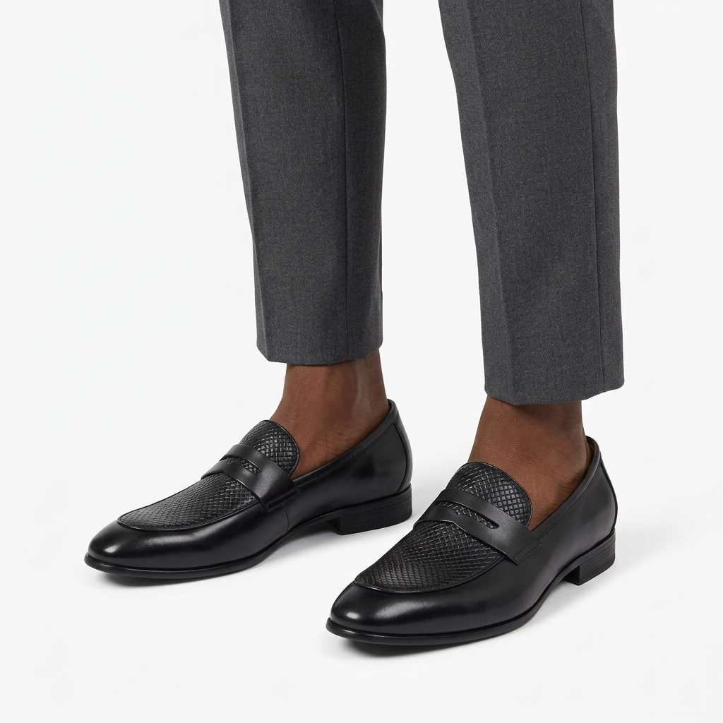 Both black textured penny loafers worn with charcoal trousers on white