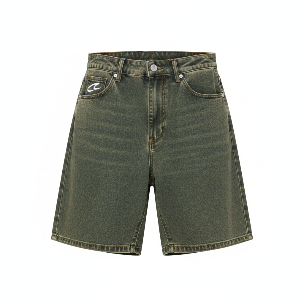 Ghost mannequin front view of olive green acid wash clean relaxed fit denim shorts with embroidered pocket logo
