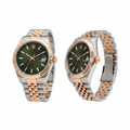Olive green honeycomb dial two-tone rose gold couple watch — ghost mannequin front and side view