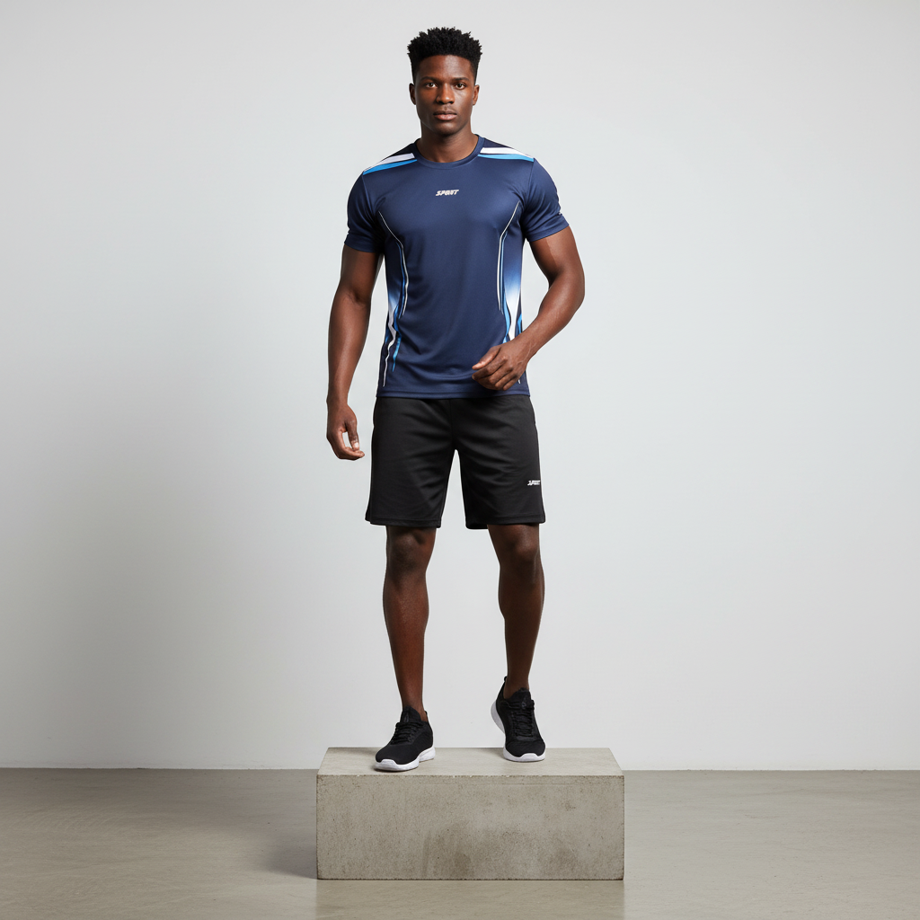 Nigerian male model wearing navy blue and black sports jersey set