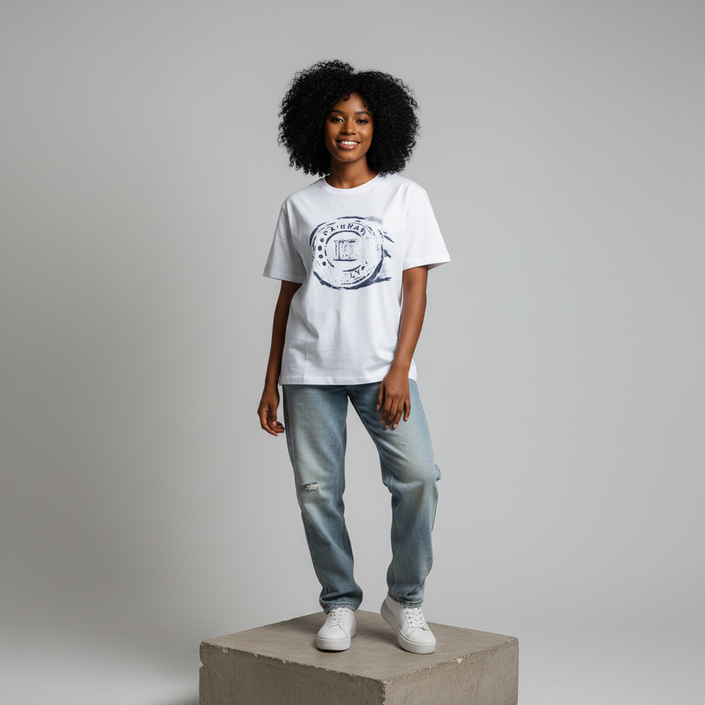 Nigerian female model wearing white navy graphic print T-shirt