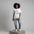 Nigerian female model wearing white navy graphic print T-shirt