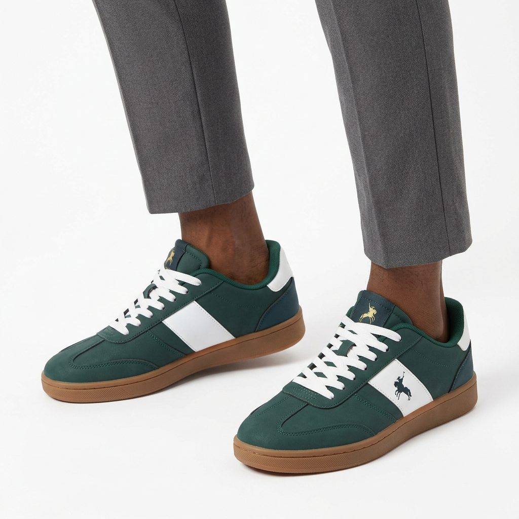 Men's forest green and white gum-sole sneakers worn ankle-down on a white studio background
