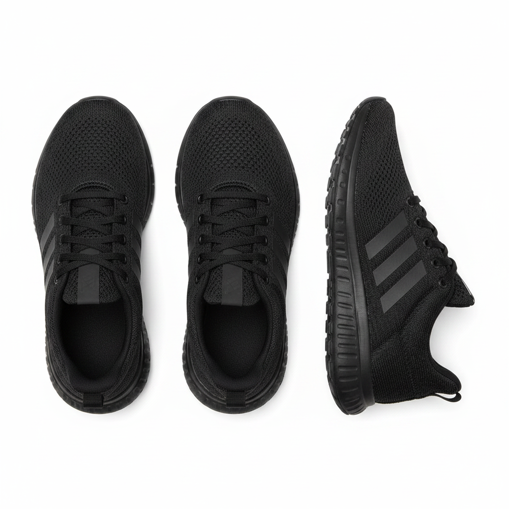 Men's triple black athletic lace-up runner with tonal stripe detail ghost mannequin front and side view pair
