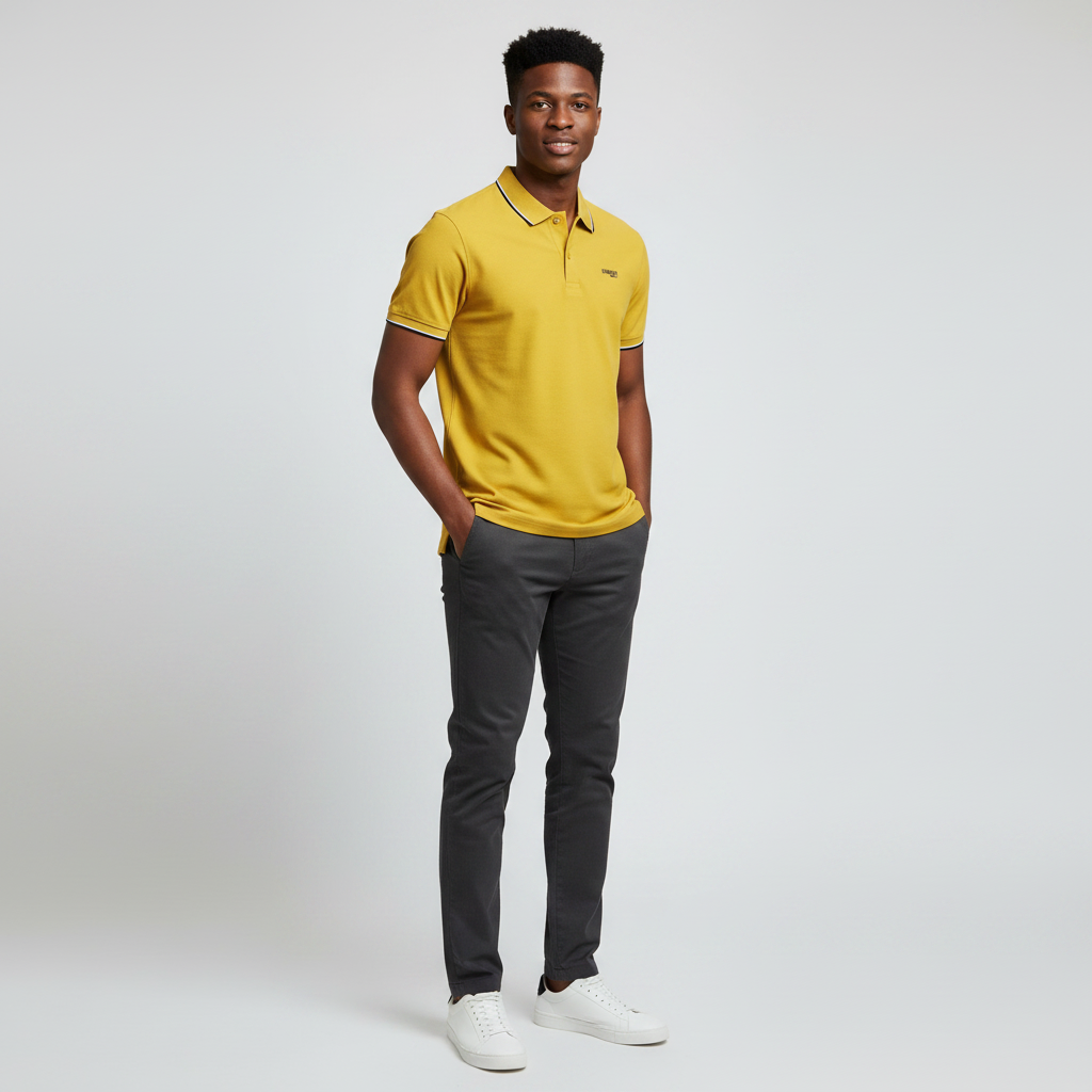 Nigerian model wearing mustard stripe sleeve polo shirt