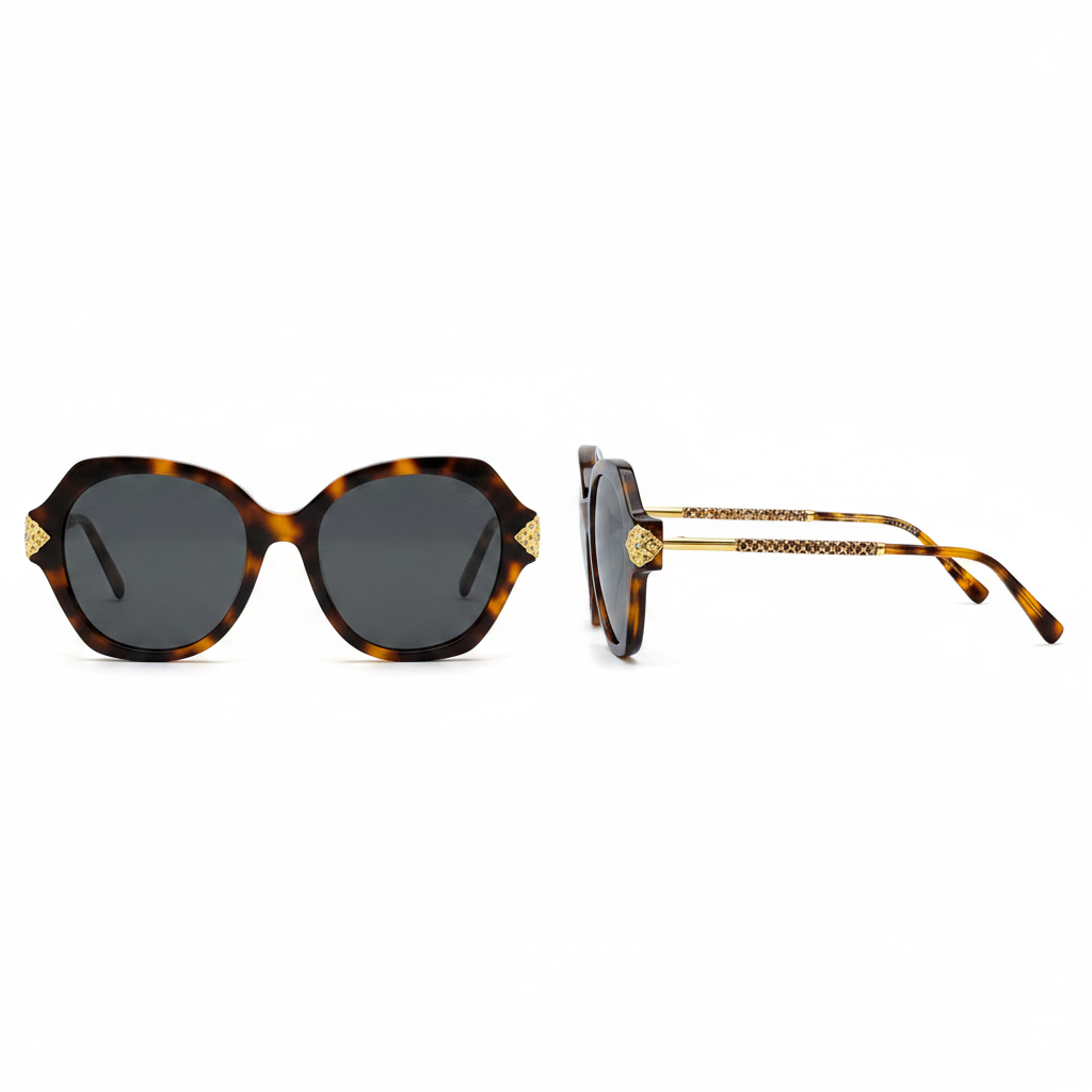 Unisex oversized round brown tortoise sunglasses with gold hinge detail – front and side view on white background