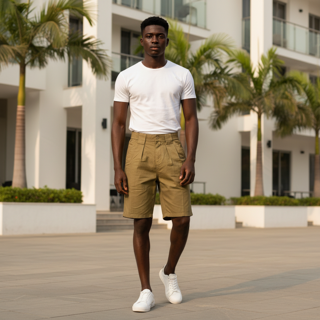 Model wearing olive pleated relaxed-fit shorts