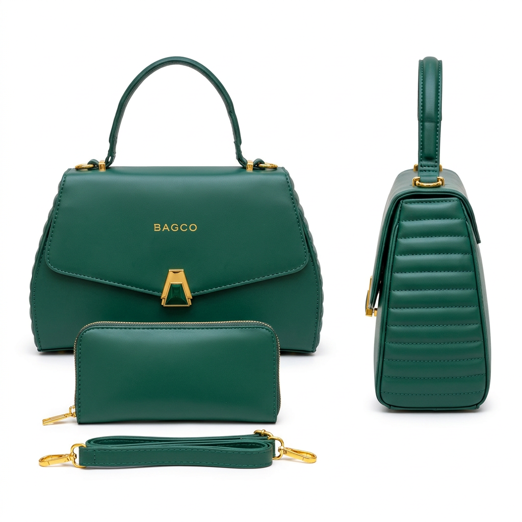 Deep green handbag front and side views with matching wallet and shoulder strap