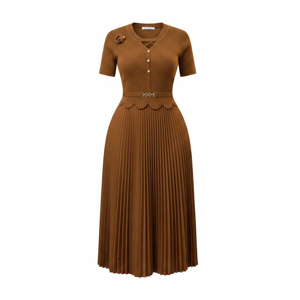 Women's Caramel Brown Pleated Midi Dress — ghost mannequin front view