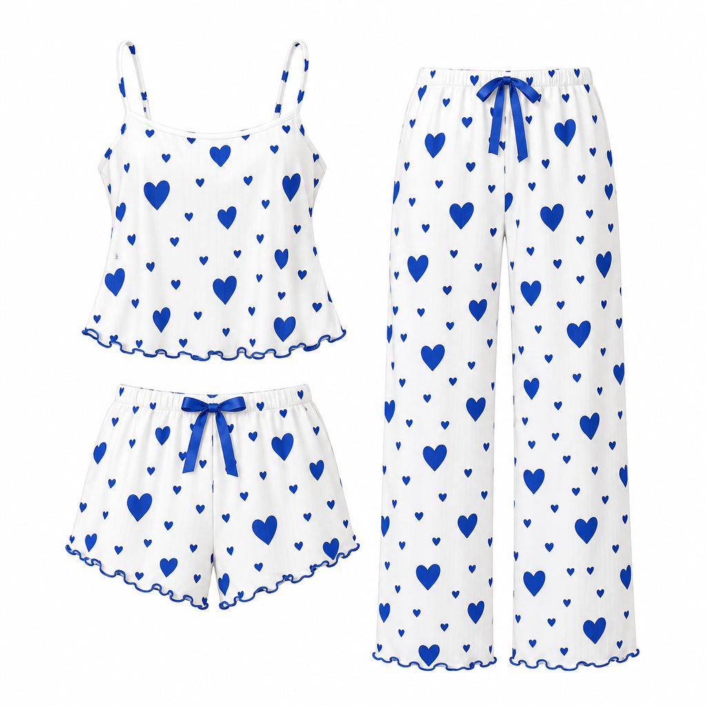 3-in-1 Heart Print Cami Pyjama Set – White Blue Hearts