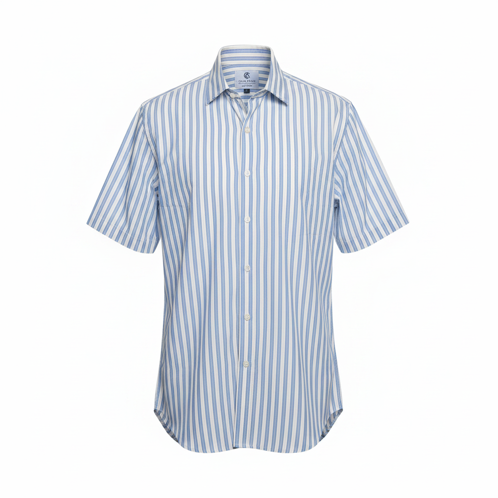Ghost mannequin front view of white sky blue stripe short-sleeved shirt