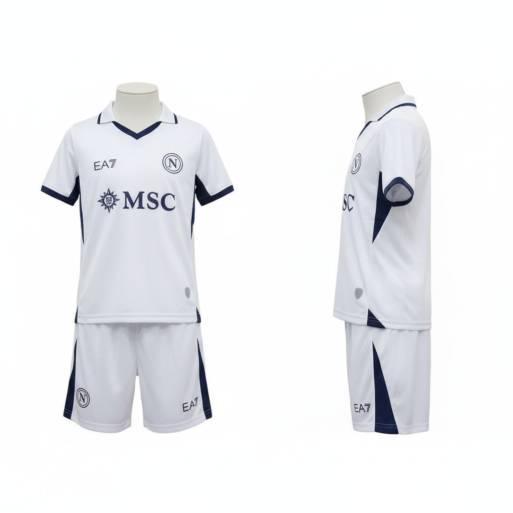 Kids white and navy trim football jersey and shorts set ghost mannequin front and side view