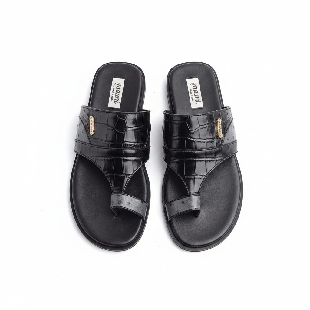 Men's all-black croc ostrich H-strap leather thong slide sandals ghost mannequin pair view