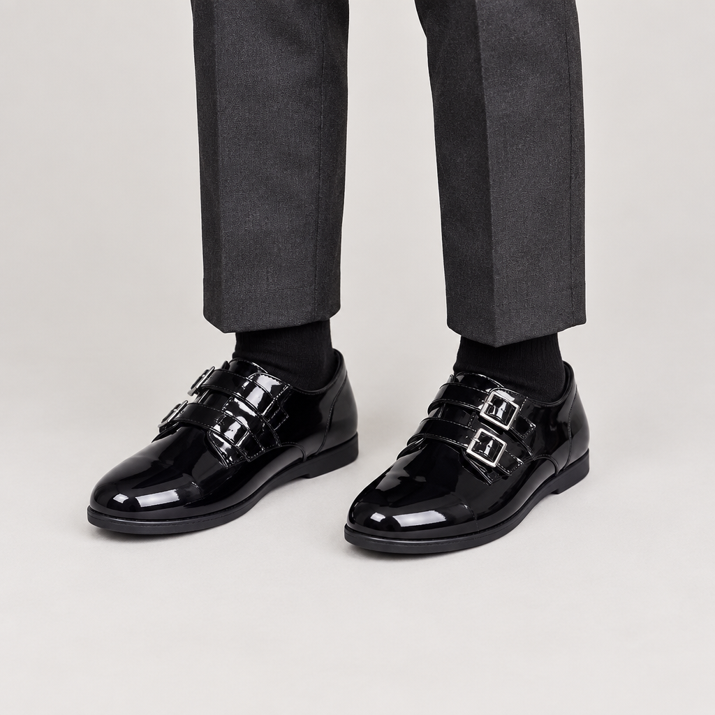Leg-focused view of children's black double-buckle dress shoes with tailored trousers