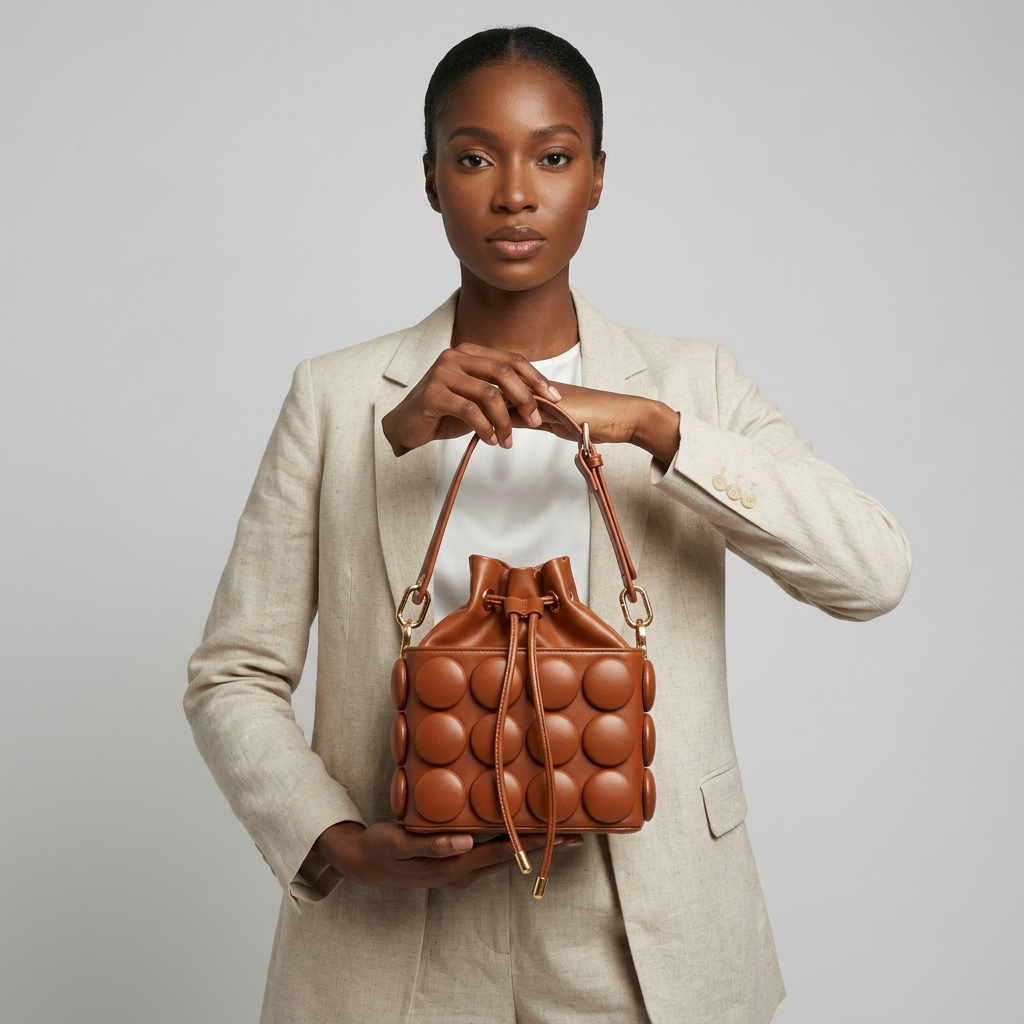 Nigerian woman holding cognac circle-appliqué bucket bag