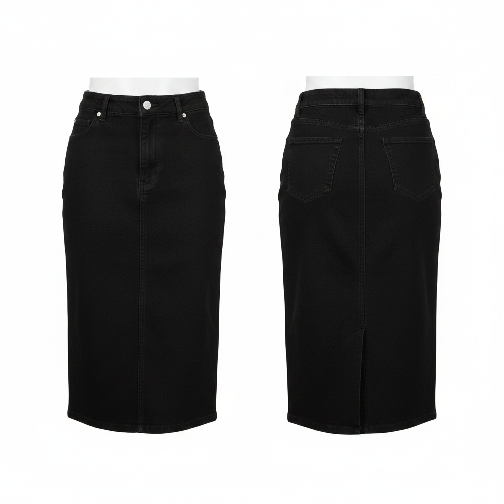 Ghost mannequin front and back view of black midi denim pencil skirt
