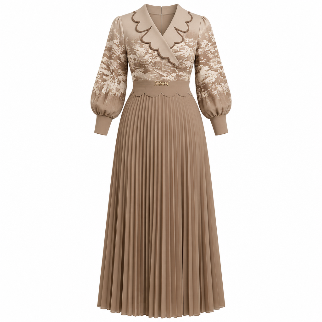 Taupe scallop-collar pleated dress on white background