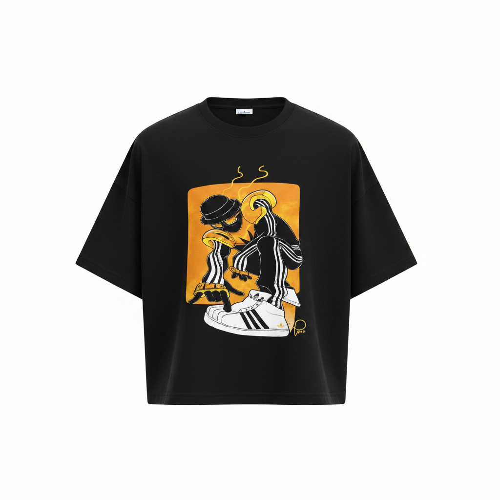 Men's Black Cropped Oversized Illustrated Graphic T-Shirt – Ghost Mannequin Front View