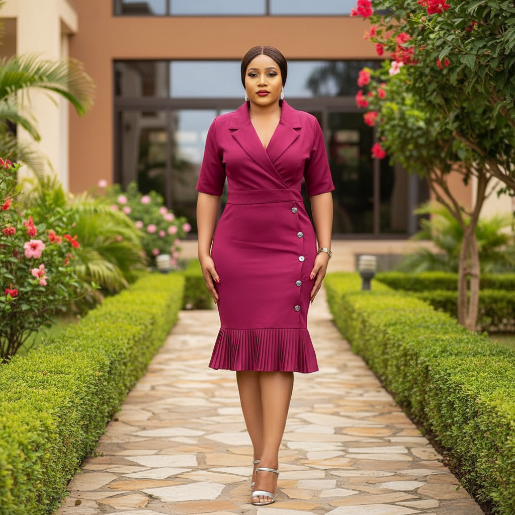 Nigerian female model wearing magenta wrap midi dress with ruffle hem