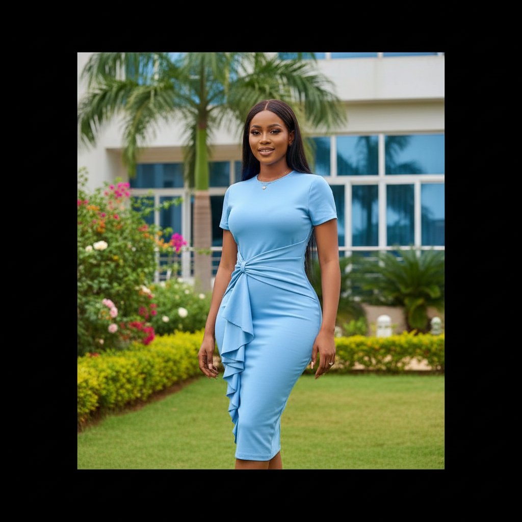 Women's Sky Blue Ruffle Knot Bodycon Midi Dress – Nigerian Female Model