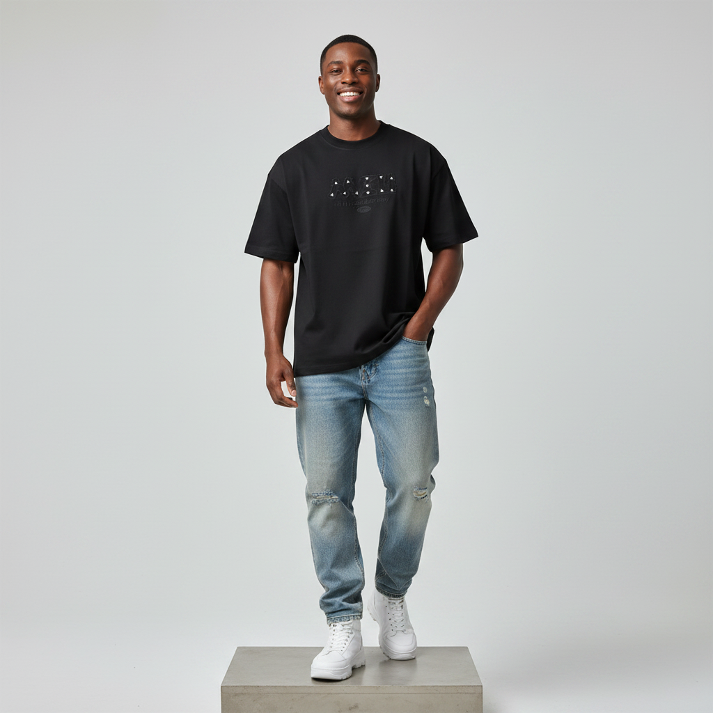 Black NAFU Graphic Oversized Tee - Male Model Front