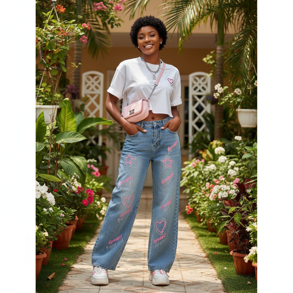 Women's Blue Rhinestone Heart Wide-Leg Denim Jeans – Nigerian Model Shot