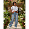Women's Blue Rhinestone Heart Wide-Leg Denim Jeans – Nigerian Model Shot