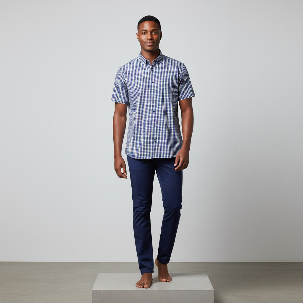 Nigerian male model wearing navy blue multi-check short-sleeved shirt
