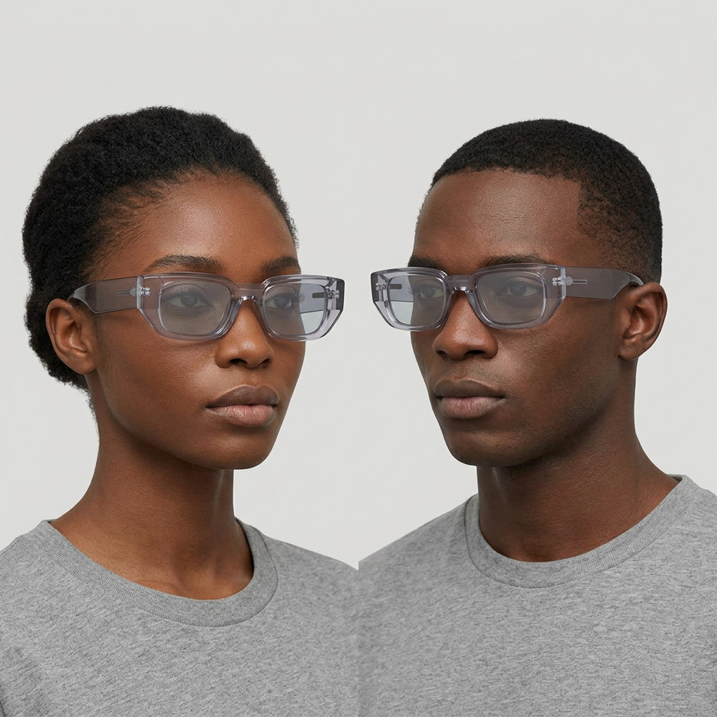 Smoke-grey rectangular glasses shown on two Black adult models