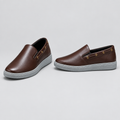 Men's chocolate brown boat eyelet slip-on sneakers, front and side view