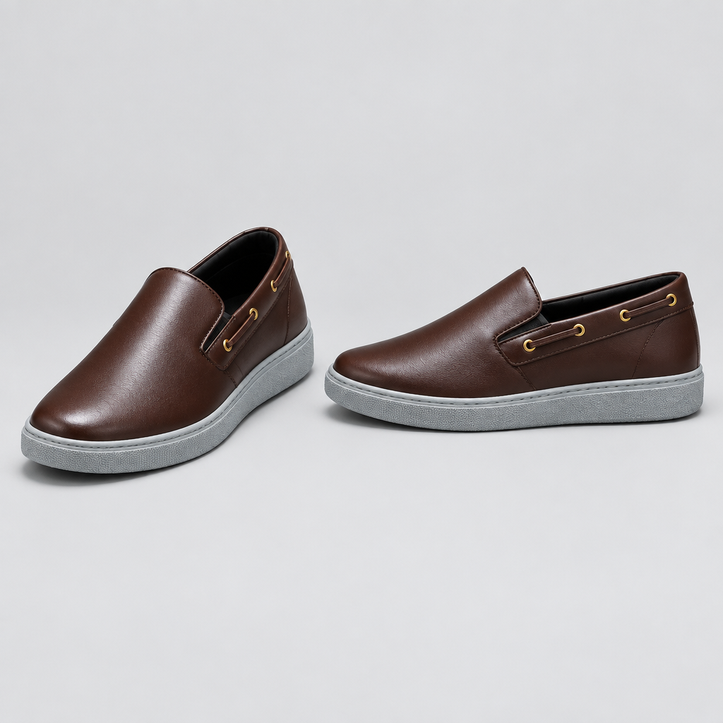 Men's chocolate brown boat eyelet slip-on sneakers, front and side view