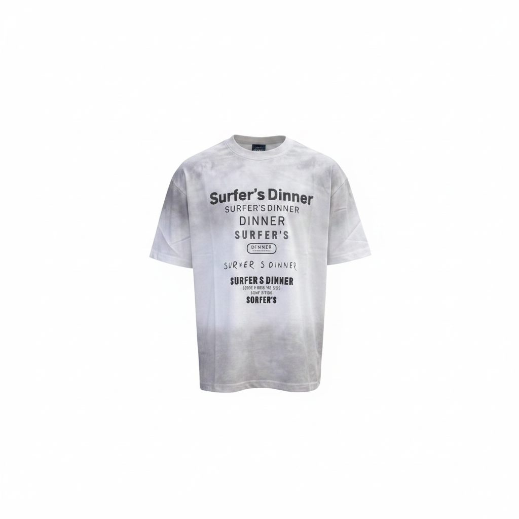 Unisex white cloud wash stacked text graphic tee – ghost mannequin front view
