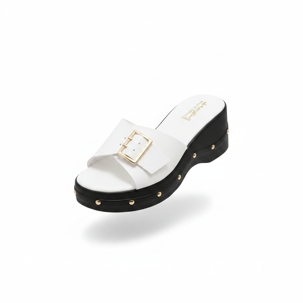 Women's white buckle strap platform wedge slide slipper — ghost mannequin view