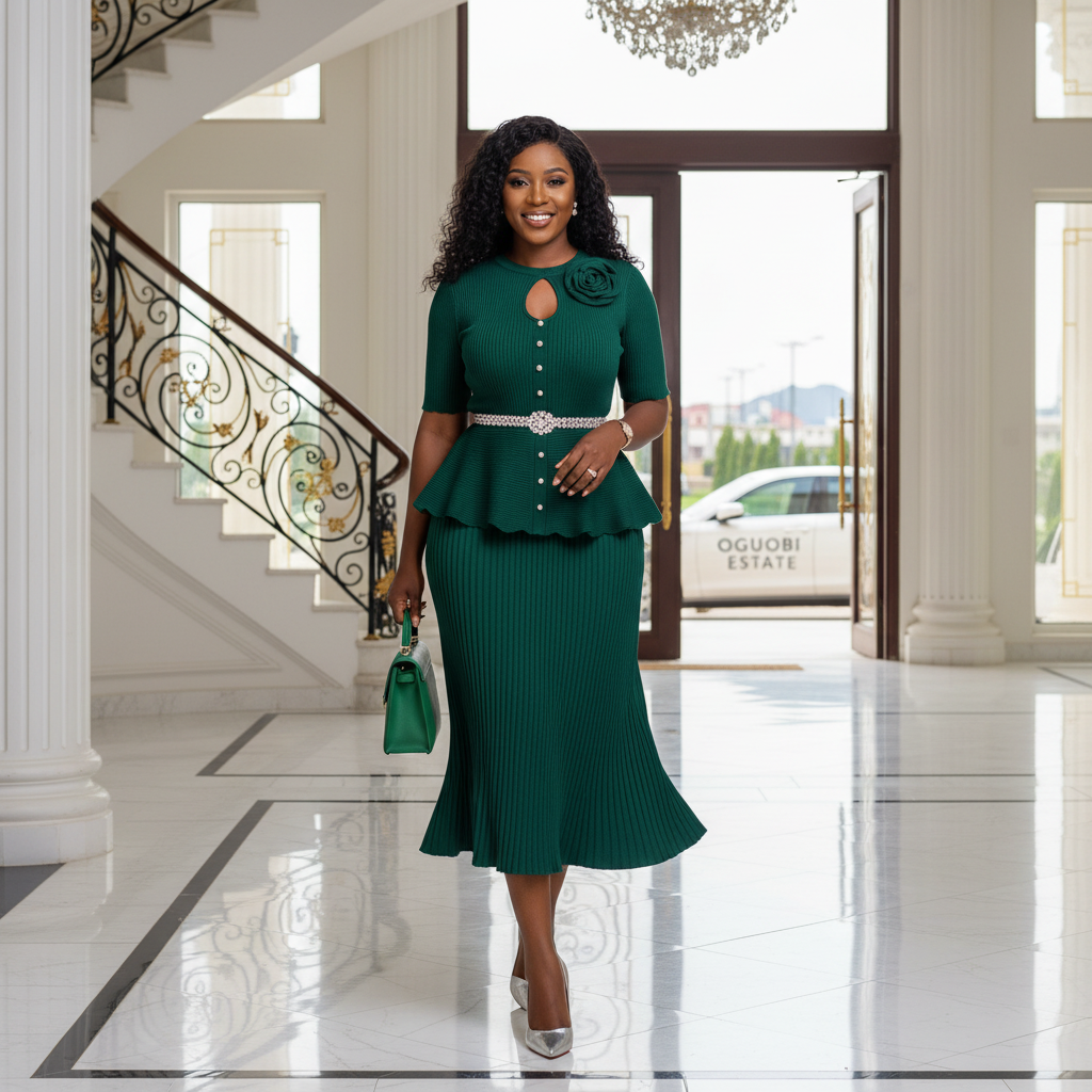 Nigerian woman wearing forest green ribbed scallop peplum top and pleated midi skirt set