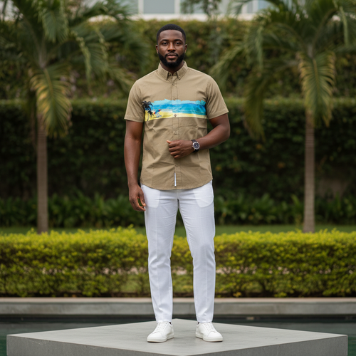Olive Tropical Print Short-Sleeved Shirt - Model Front