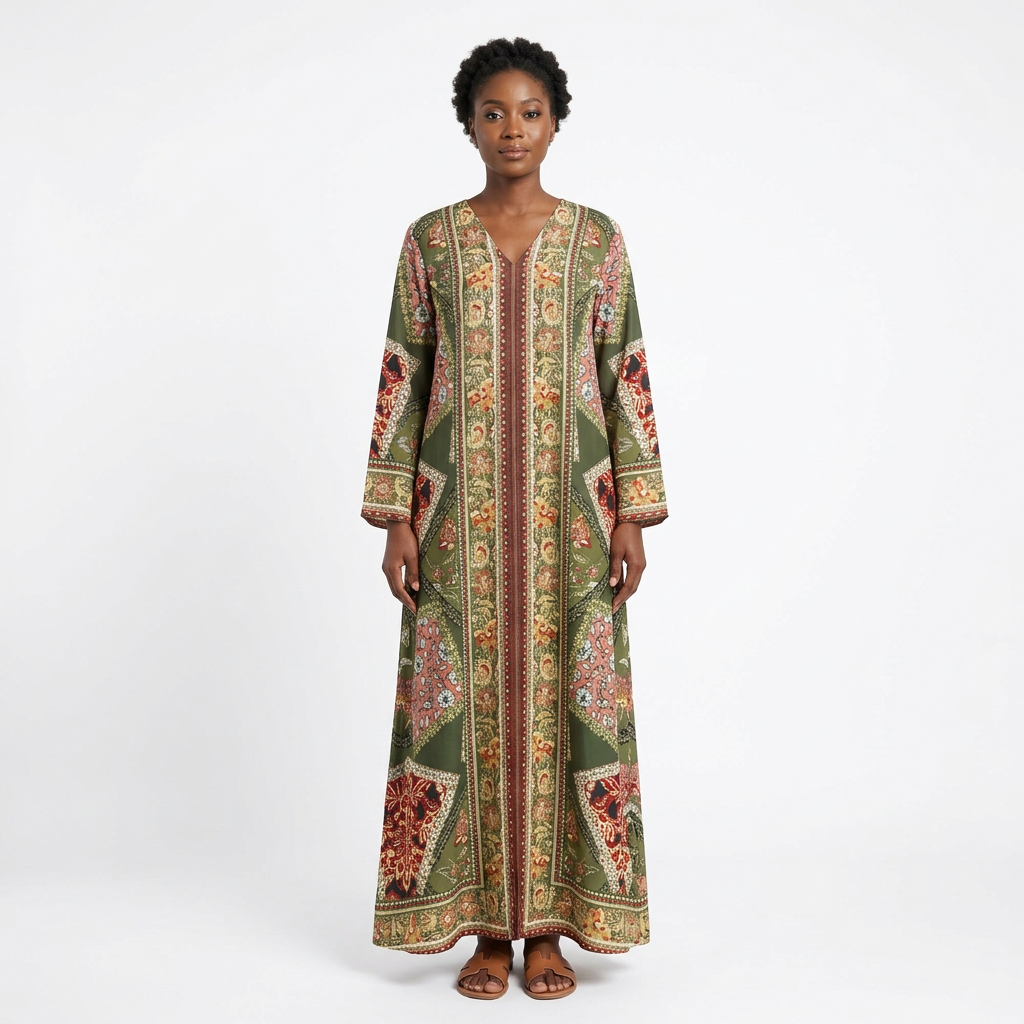 Black female model wearing the olive ornate-print longline abaya
