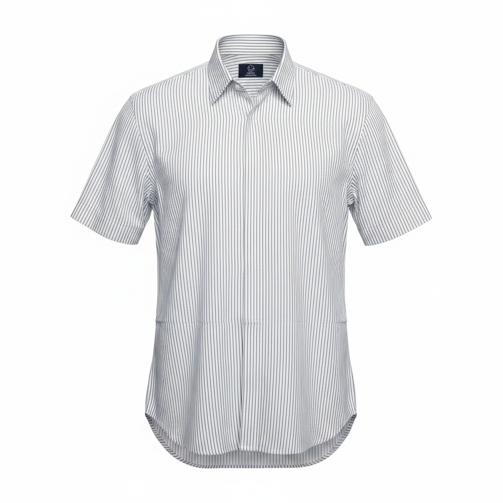 White Pinstripe Short-Sleeved Shirt - Ghost Mannequin Front