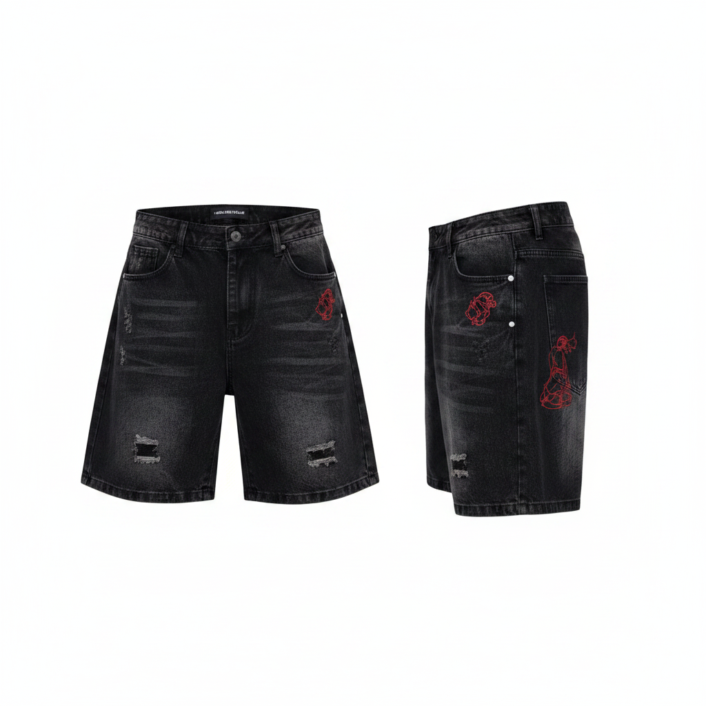 Men's black washed distressed denim shorts ghost mannequin front and side view