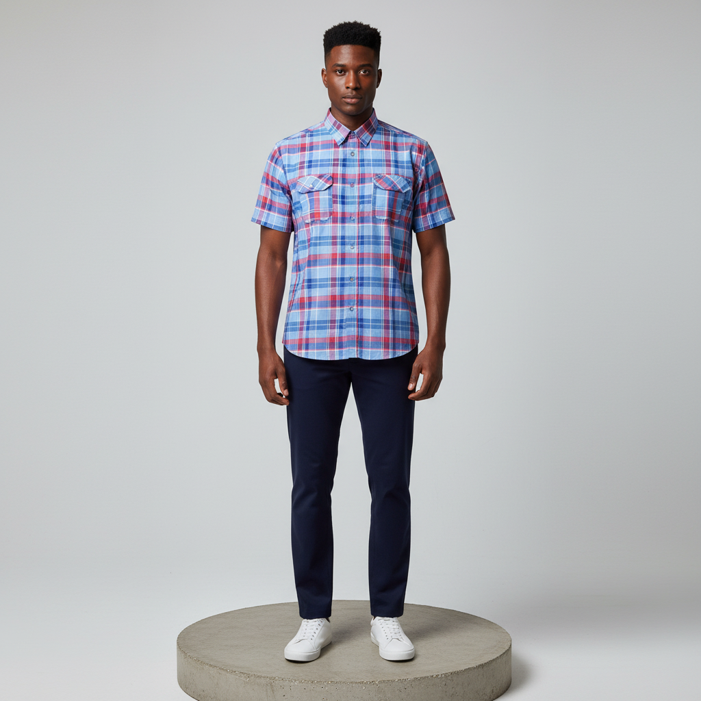 Blue Red White Plaid Short-Sleeved Shirt - Model Shot