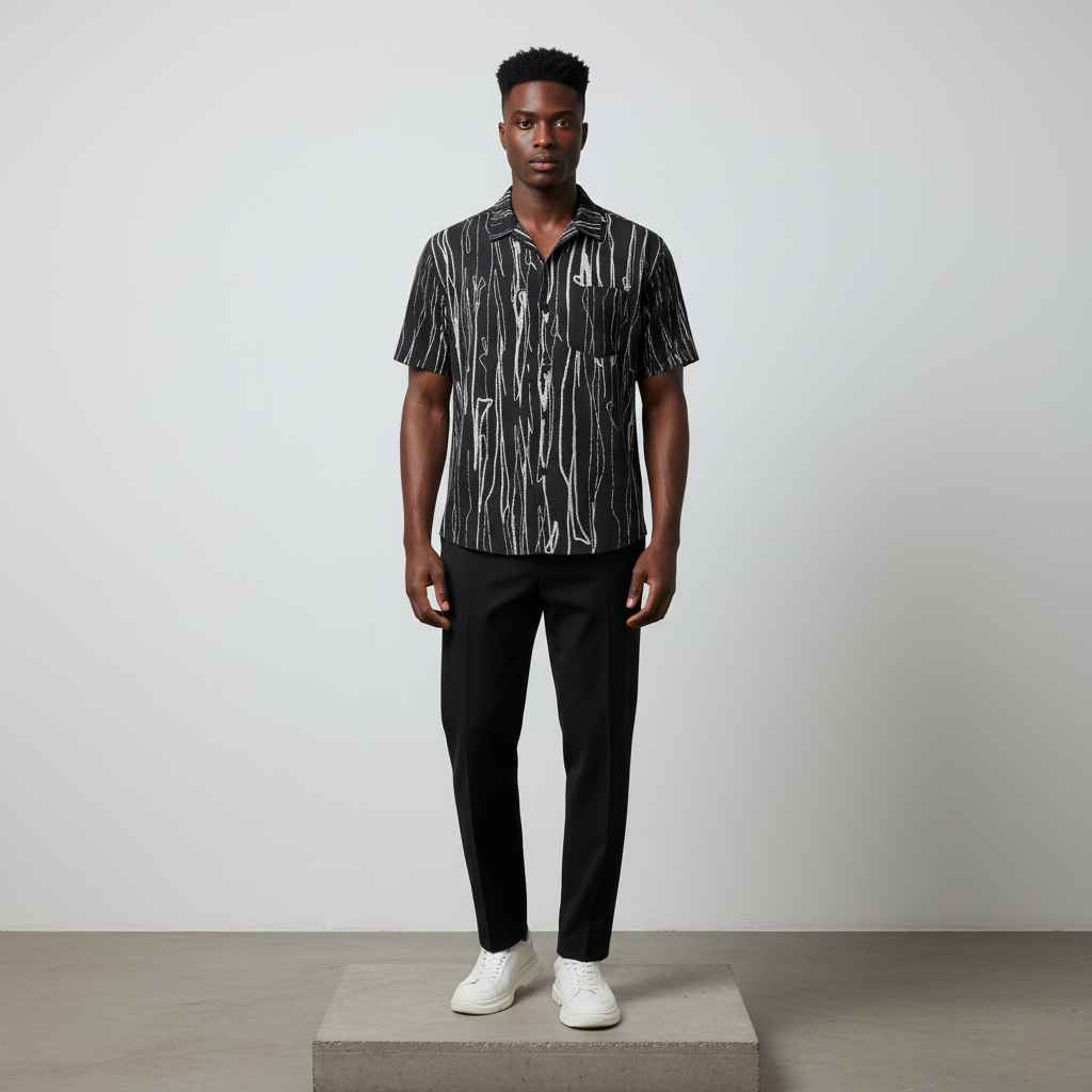 Black Abstract Line Art Short-Sleeved Shirt - Model Front