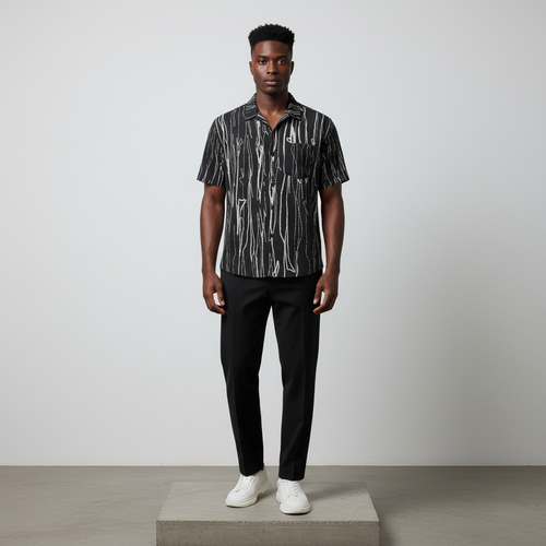 Black Abstract Line Art Short-Sleeved Shirt - Model Front