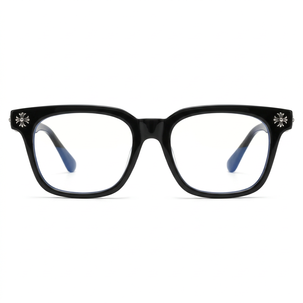 Black square glasses with silver-tone floral accents