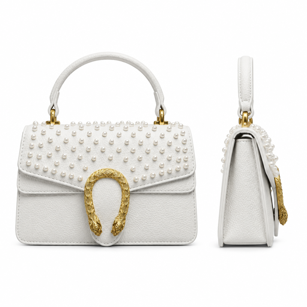 White pearl-embellished handbag shown front and side