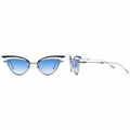 Women's cat-eye sunglasses dark navy double-wire metal frame gradient blue lens chain-link bridge slim silver temple arms – front and side view