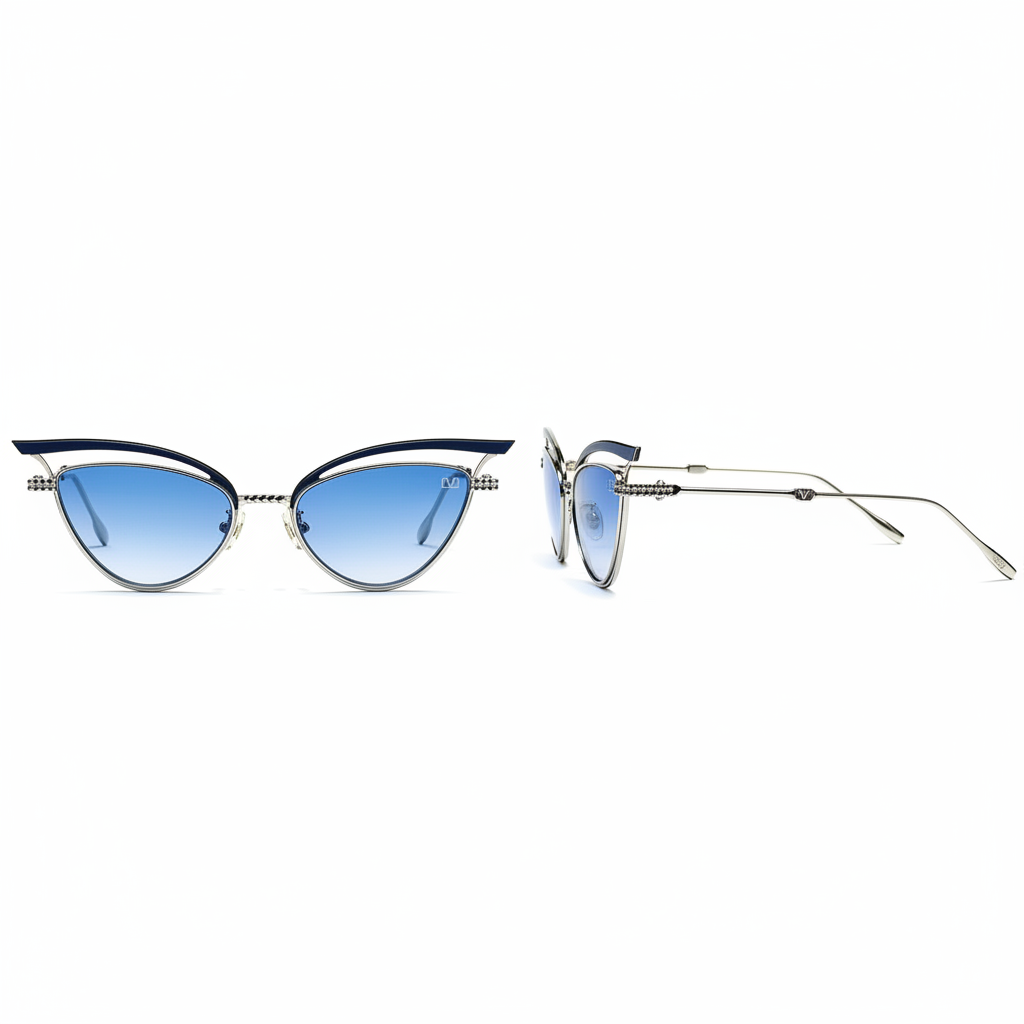 Women's cat-eye sunglasses dark navy double-wire metal frame gradient blue lens chain-link bridge slim silver temple arms – front and side view