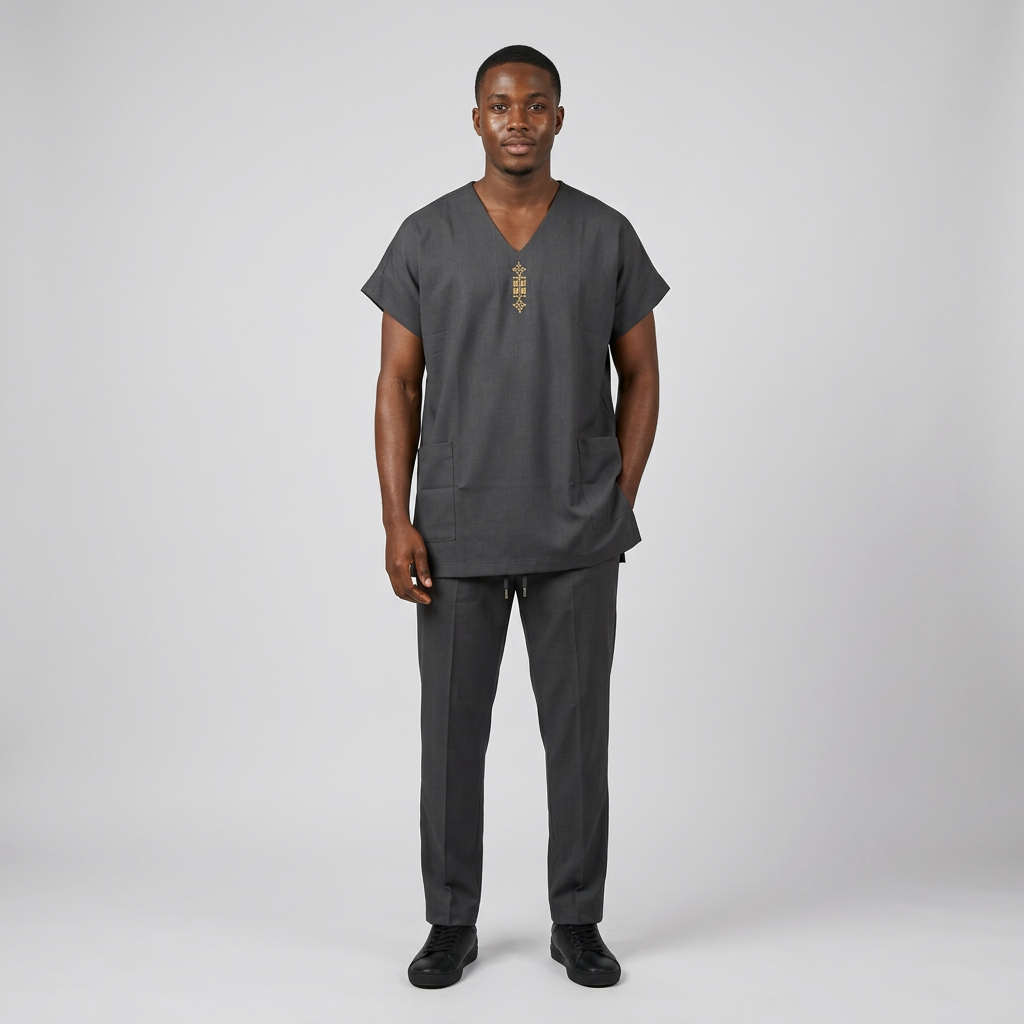 Nigerian man wearing charcoal gold-motif V-neck two-piece set