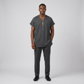 Nigerian man wearing charcoal gold-motif V-neck two-piece set