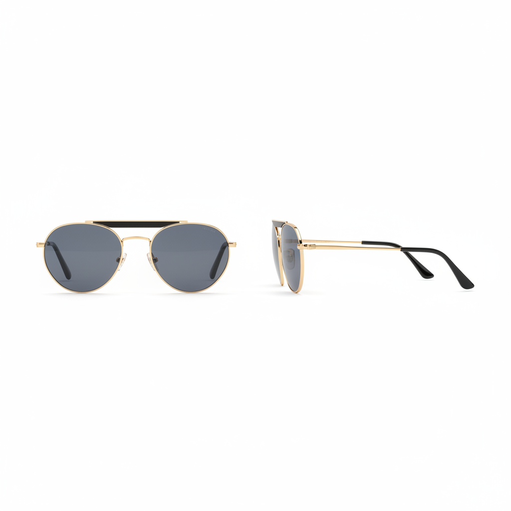 Unisex round aviator sunglasses gold double-bridge dark grey blue lens black brow bar black temple – front and side view